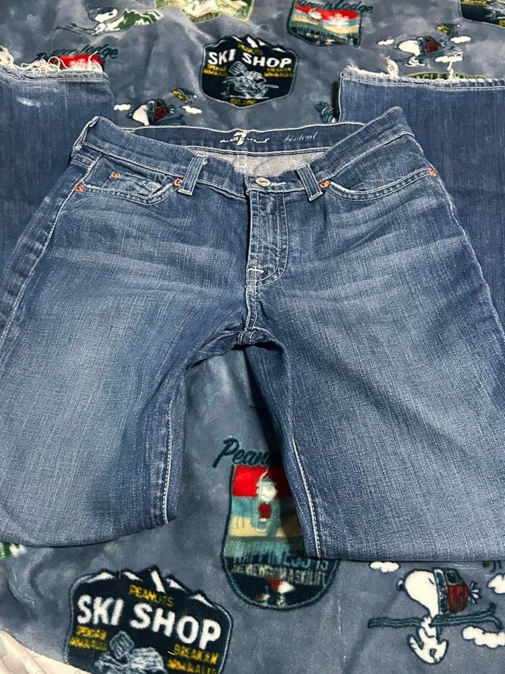 7 For All MankindStraight Jeans in Faded Blue Denim